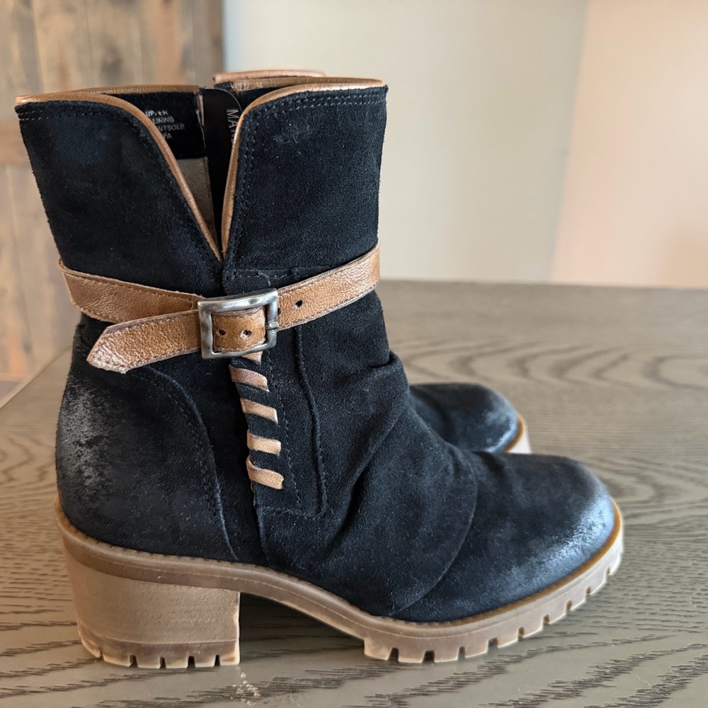 Miz Mooz Black Suede Mandy Moto Ankle Boots with Tan Strap